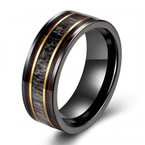 Polished Black plated luxury jewelry Men Tungsten Carbide Ring With antler Inlay mens tungsten wedding ring