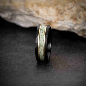 OEM logo black plated tungsten ring with groove dinosaur stone inlay luxury tungsten carbide men ring