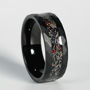 8mm Colorful Meteorite Black Hammered Tungsten Fire Opal Ring