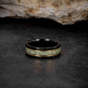 OEM logo black plated tungsten ring with groove dinosaur stone inlay luxury tungsten carbide men ring