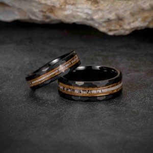 Hammered Tungsten carbide Ring 8mm men wedding band comfort it men fashion ring inlay wood and antler tungsten ring