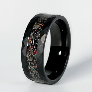 8mm Colorful Meteorite Black Hammered Tungsten Fire Opal Ring