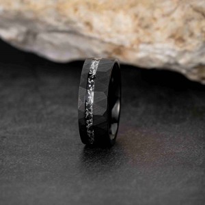 Sandblast Meteorite inlay tungsten mens ring Wedding Band black Rings 8mm tungsten carbide ring with groove