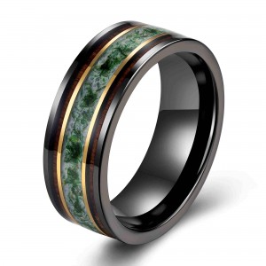 8mm Black Tungsten Ring For Men Koa Wood And Moss Agate Inlay Wedding Band
