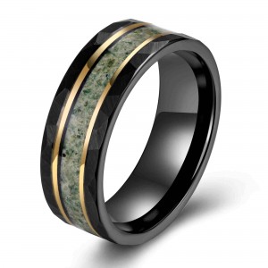 Newest Design fashion 8mm gold lined plated green moss Inlay black hammered Tungsten Ring for men rings tungsten brand ring