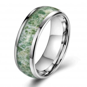 Hot selling best price silver plated 8mm Natural Green Moss Agate Inlay Tungsten Carbide Rings