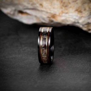 8mm Black Tungsten Ring For Men Koa Wood And Moss Agate Inlay Wedding Band