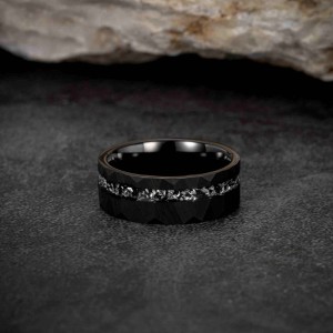 Sandblast Meteorite inlay tungsten mens ring Wedding Band black Rings 8mm tungsten carbide ring with groove