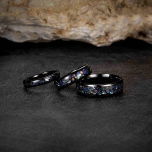 Romantic Hammered 8mm Black Tungsten Ring With Colored Stones Inlay For Gift Or Anniversary