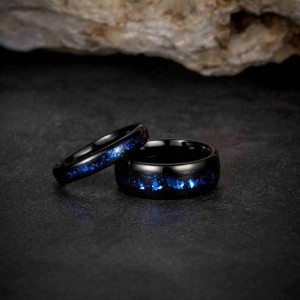 Romantic Hammered 8mm Black Tungsten Ring With Colored Stones Inlay For Gift Or Anniversary