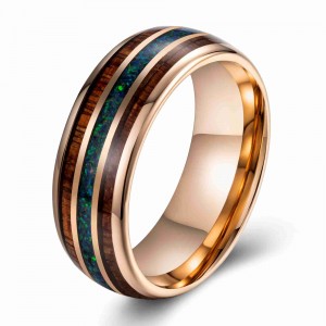 Hot sale fashion jewelry rings Custom rose gold 8mm Natural Wood opal Inlay Tungsten Ring for Men rings comfort fit