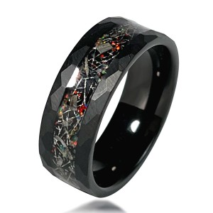 8mm Colorful Meteorite Black Hammered Tungsten Fire Opal Ring